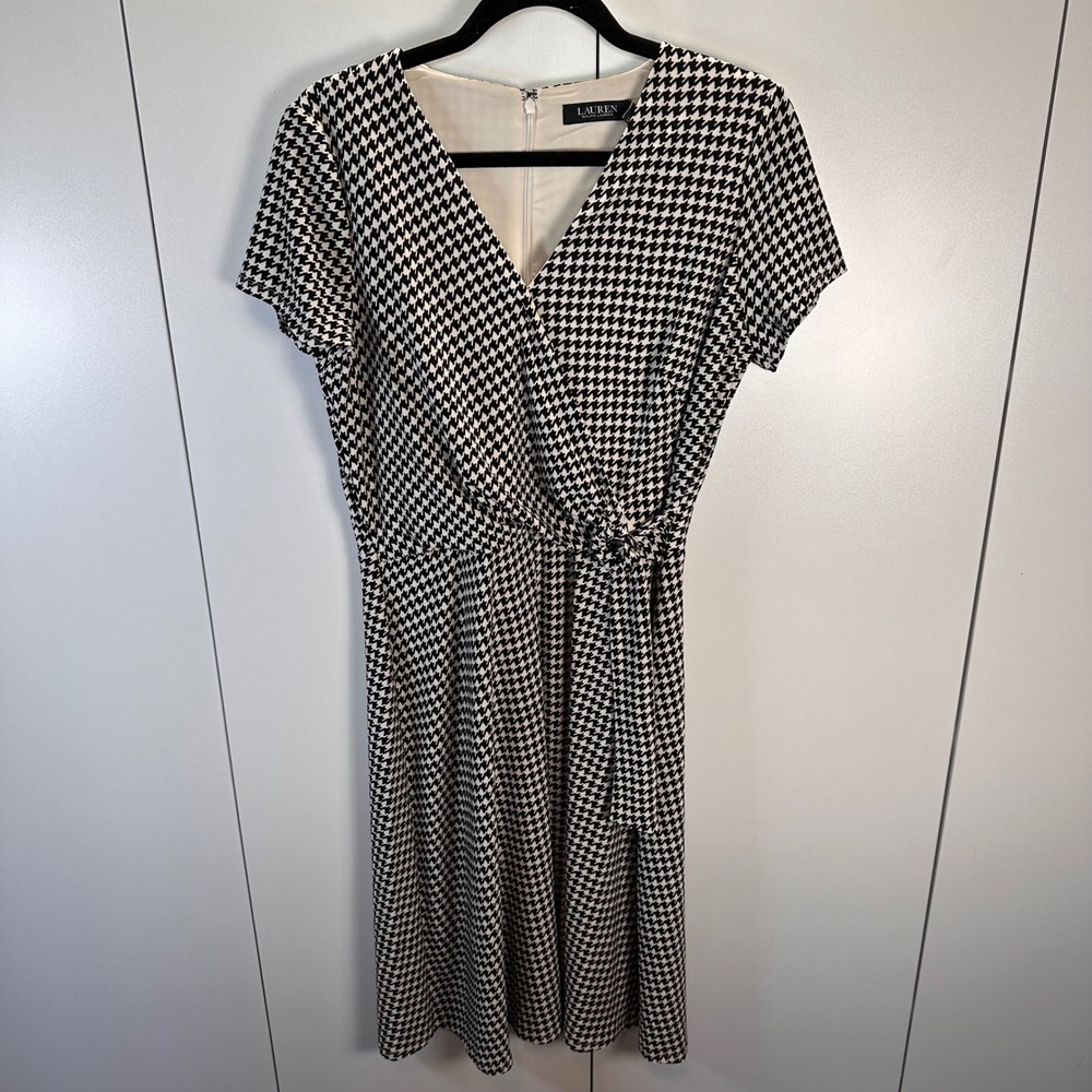 Lauren Ralph Lauren Black and White Houndstooth Midi Wrap Dress